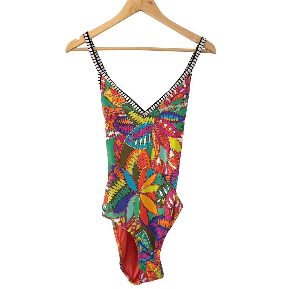 Trina Turk "Montezuma" Psychedelic Floral V-Neck One-Piece Swimsuit Size 8
